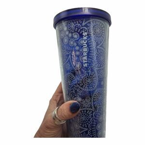 STARBUCKS Blue Floral Flower Venti Print Cold Cup Acrylic TUMBLER 24 Oz No Straw